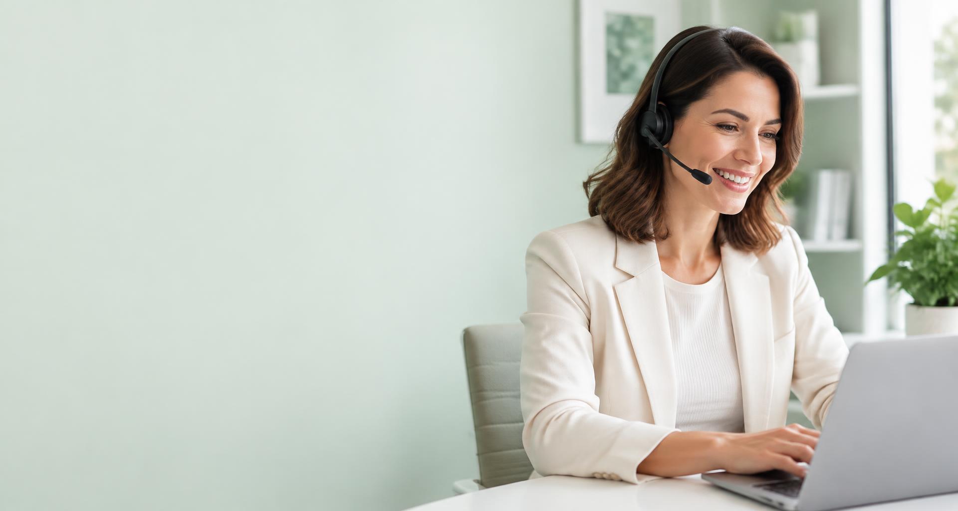 Une professionnelle utilise un casque téléphonique à son bureau